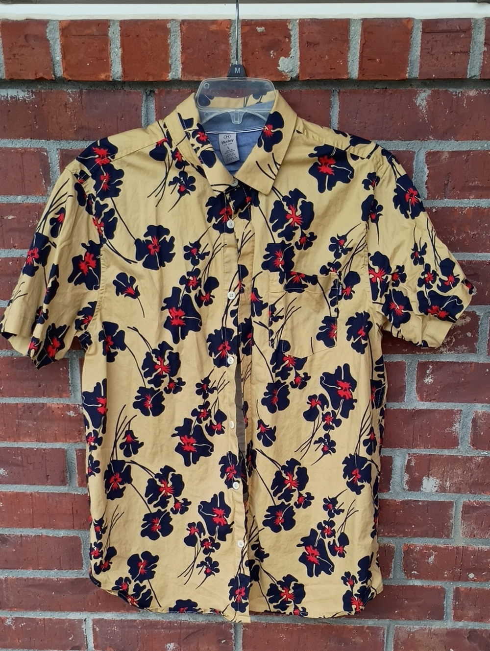 Hurley Mustard Short-Sleeve Button-Down with Navy and Red Floral Print